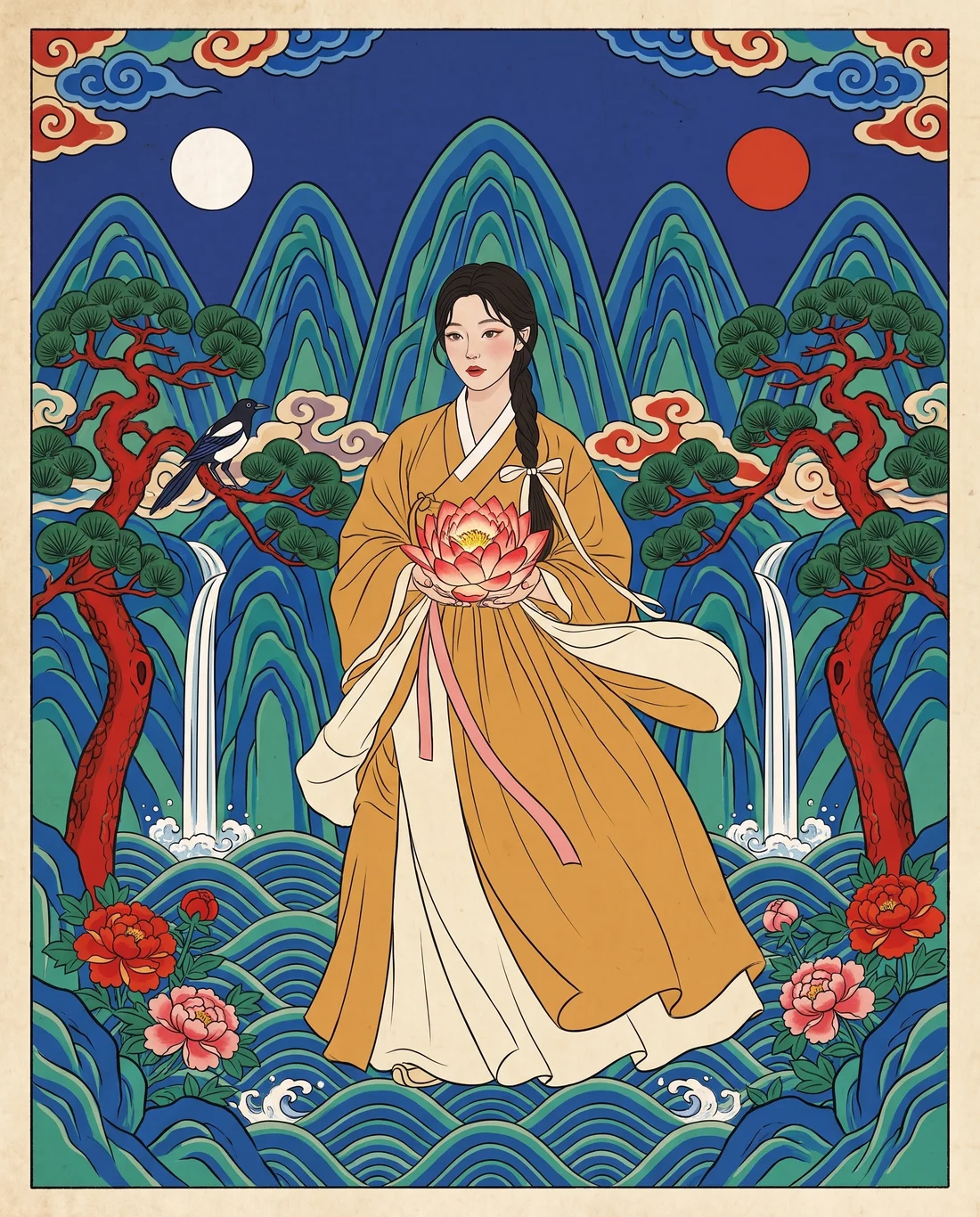 Bari, the guide of the BARI world, holding a pink lotus before five peaks, a white moon and a red sun, painted in the Korean minhwa style